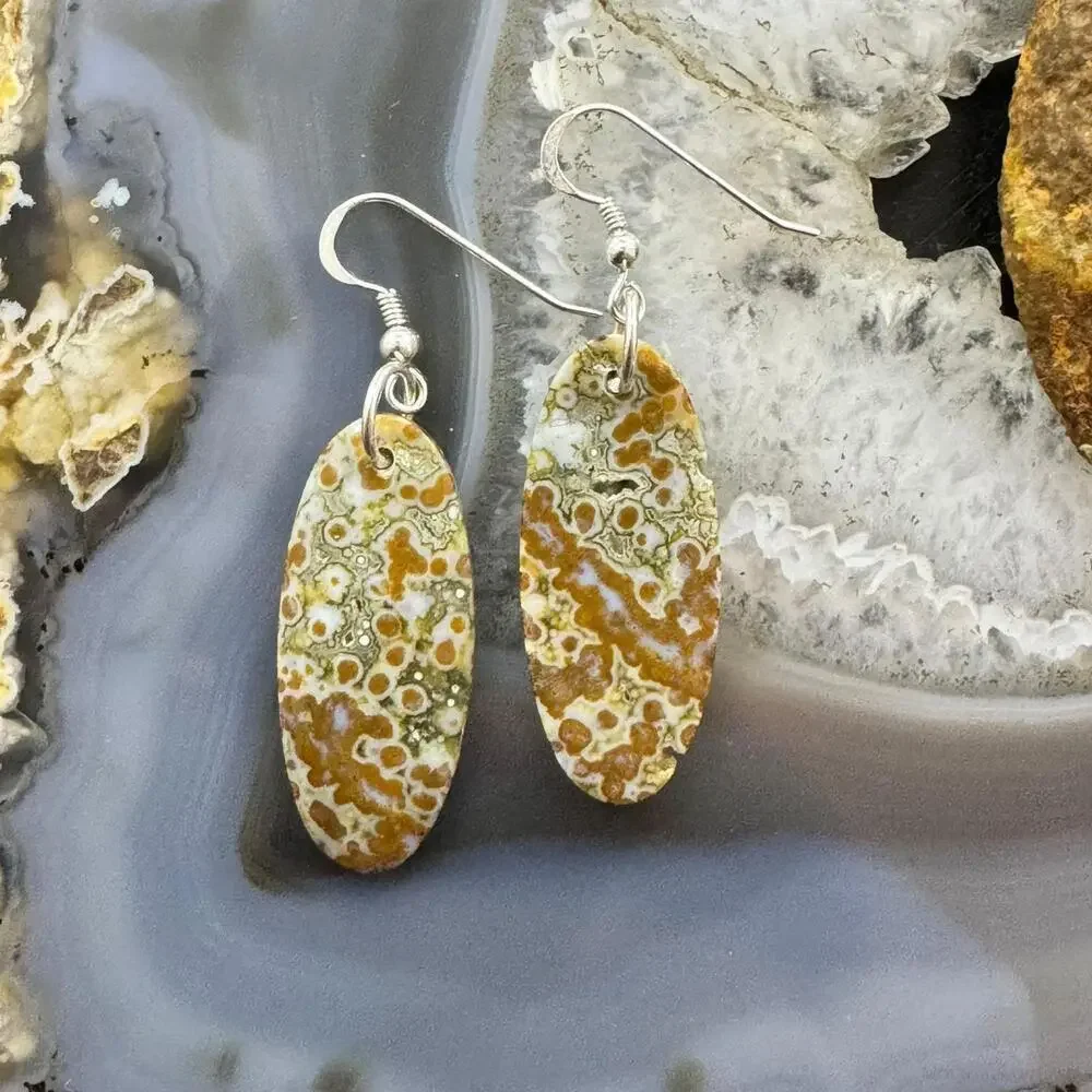 Sterling Silver Elongated Oval River Jasper Slab Dangle Earrings For Women #352